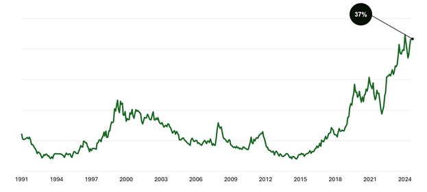 Historical trend of the percentage of S&P 500® market capitalization concentrated in its 10 largest stocks, showing the share near one-third as of June 30, 2025.
