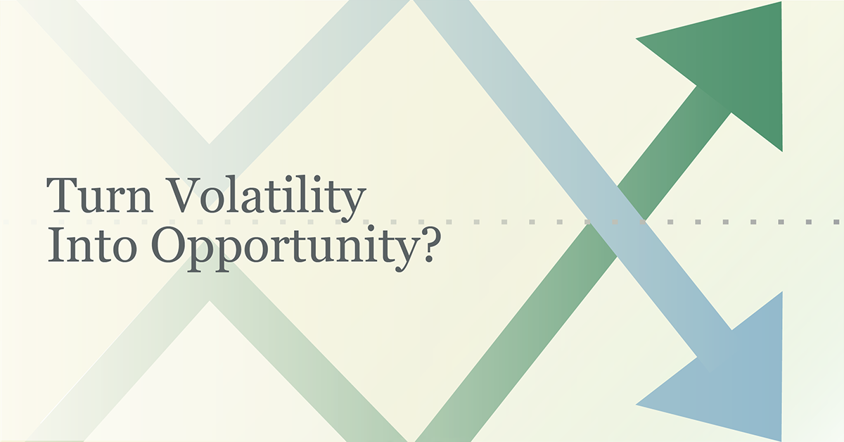 Abstract graphic with intersecting arrows in green and blue, paired with the headline text “Turn Volatility Into Opportunity?”