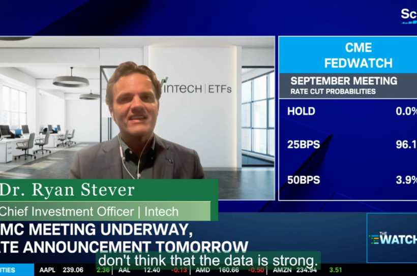 Ryan Stever on Schwab Network discussing Fed rate cut expectations with CME FedWatch probabilities on screen.