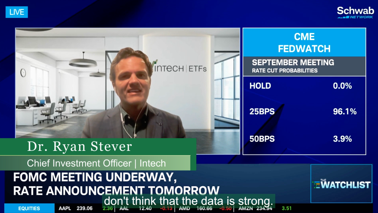 Ryan Stever on Schwab Network discussing Fed rate cut expectations with CME FedWatch probabilities on screen.
