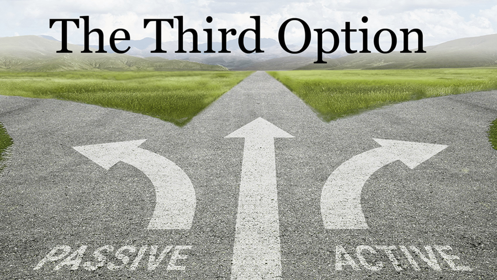 A three-way road split in a grassy landscape with arrows pointing left to 'Passive,' right to 'Active,' and straight ahead under the title 'The Third Option.'