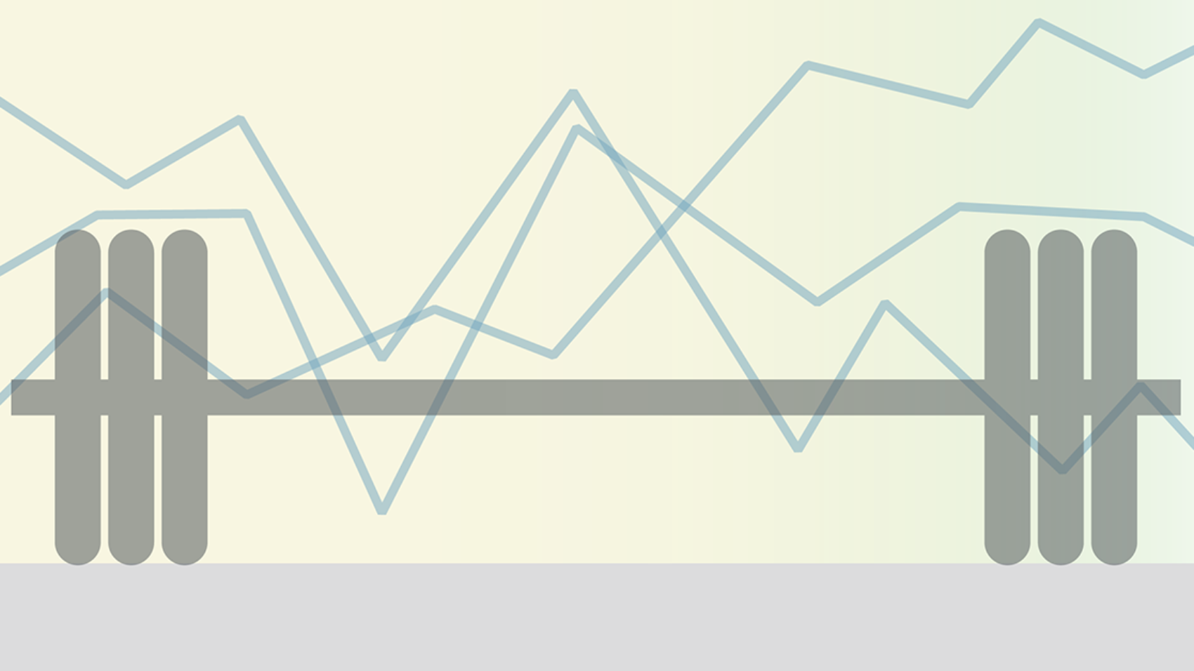 Abstract illustration of a balanced bar supported at both ends, overlaid with fluctuating market lines to represent stability through market volatility.