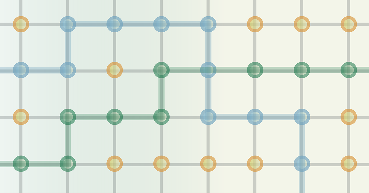 Geometric grid with interconnected colored nodes, symbolizing systematic diversification and structured portfolio construction.