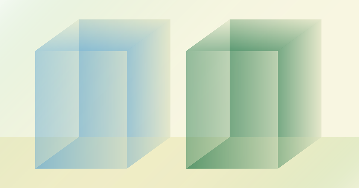 Abstract graphic showing two translucent geometric shapes side by side, representing the two complementary components of stochastic portfolio theory working together in a balanced framework.