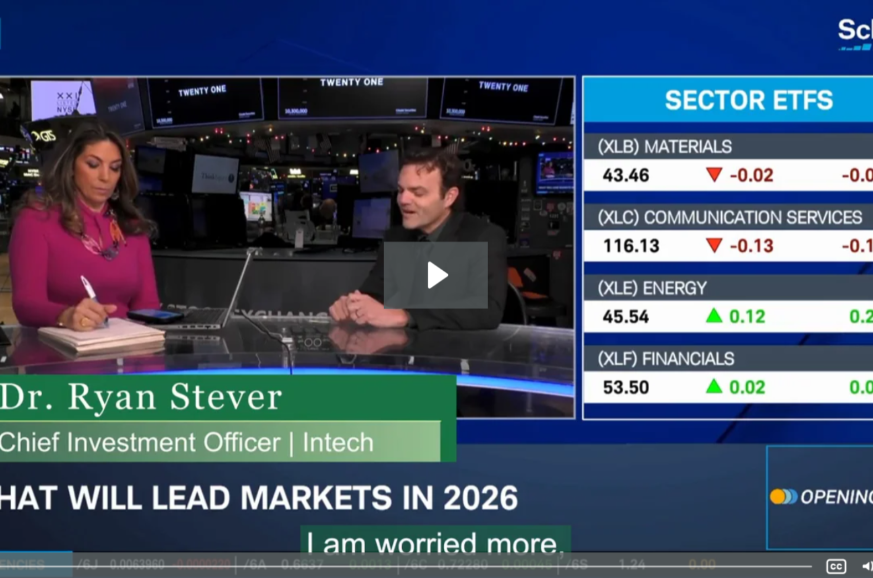 Screenshot from a live Schwab Network broadcast showing Dr. Ryan Stever, Chief Investment Officer at Intech, speaking with an anchor on the trading floor. A sidebar displays sector ETF prices, and a headline reads ‘What Will Lead Markets in 2026.’