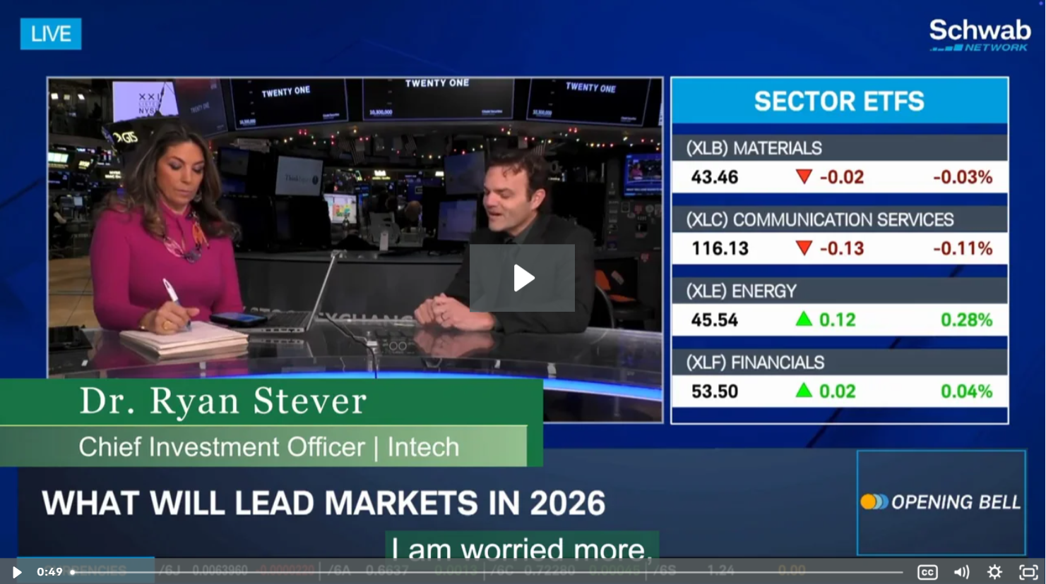 Screenshot from a live Schwab Network broadcast showing Dr. Ryan Stever, Chief Investment Officer at Intech, speaking with an anchor on the trading floor. A sidebar displays sector ETF prices, and a headline reads ‘What Will Lead Markets in 2026.’